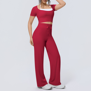 Ensemble 2 pièces de yoga sans bretelles, col carré, taille haute, longueur intégrale, sans couture, respirant, extensible, en Spandex/Nylon imprimé - Product Image 5