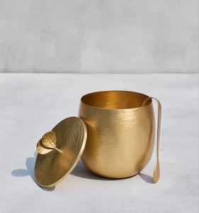 Luxury Brass Finish Metal Ice <b>Bucket</b> <b>with</b> Agate Stone <b>Lid</b> Knob Double Walled Stainless Steel Bar Canister for Hotels & Home Bar - Product Image 6