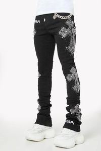 Men's Black Elastic Waist <b>Pants</b> With Crystal Embroidery <b>Sequin</b> Detailing Casual Street Style Midweight Spandex Denim Blend - Product Image 2