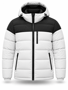 Blouson matelassé à capuche pour homme, blanc et noir, imperméable, séchage rapide, fermeture éclair avant coupe-vent, rembourrage en polyester - Product Image 1