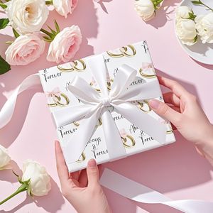 Rouleau de papier cadeau élégant pour mariage, mini format, nœuds roses avec anneaux dorés, texte « Always Forever » pour étiquettes et cartes de bijoux - Product Image 1