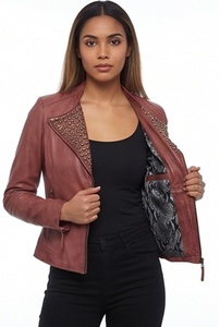 Wholesale Women Genuine Leather Studded <b>Jacket</b> Distressed <b>Punk</b> Biker Coat Custom Polyester Lining Slim Fit Winter XL - Product Image 4