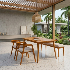 Ensemble de salle à manger moderne scandinave en teck massif de qualité supérieure, 3 pièces, table, 2 chaises, 1 banc, meubles de salle à manger pour la maison - Product Image 4