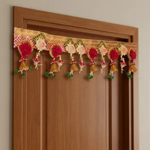 Traditional Indian Wedding Toran Red Pink Roses Gold Embroidery Green <b>Beads</b> Decorative Hanging Ornaments Eco-Friendly Plastic - Product Image 1