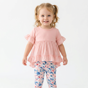 Ensemble décontracté pour filles, grande taille, haut à volants en coton, pantalon fleuri, manches courtes, tenue d'été respirante, 100% coton peigné, écologique - Product Image 2