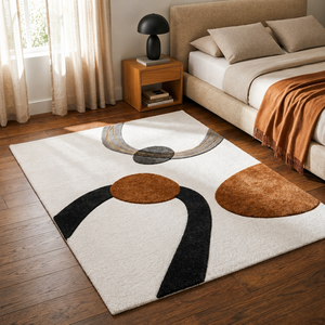 Hand Tufted Woven Wool Area Rug-Modern Abstract Geometric Design <b>Cream</b> Base Brown Black Curved Pattern Washable Luxury Living - Product Image 5
