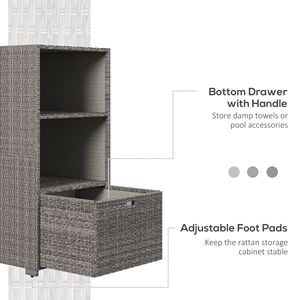 Portasciugamani da piscina a 2 ripiani in vimini di rattan PE grigio misto con contenitore, autoportante, accessorio da bagno in alluminio per spa esterna - Product Image 6