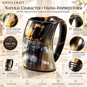 SOFIYA CRFAT Handmade Buffalo Horn Drinking Tumbler Natural Shape 500ml Eco-Friendly <b>Lid</b> 12-24 Hours <b>Thermal</b> Insulation for - Product Image 2