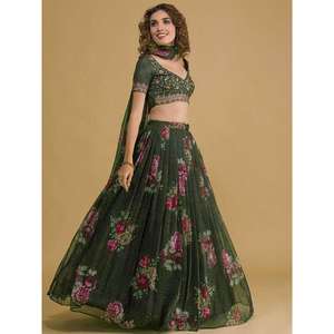 <b>Charming</b> Dark Green Floral Printed Organza Designer Lehenga Choli - Product Image 5