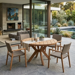 Table de salle à manger ronde en teck massif pour intérieur et extérieur, plateau à lattes, pieds en forme de croix, teck naturel, meubles de terrasse - Product Image 5