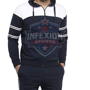 Men's Navy White Color Block Hooded <b>Tracksuit</b> Full Zip Casual Sweatshirt Pants Set Regular Fit Side Pockets Autumn Wear - Product Image 4