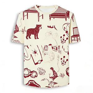 เสื้อยืดคอกลมแขนสั้นพิมพ์ลายสีมารูนสำหรับผู้ชาย ลายครีม ทรงปกติ - Product Image 1