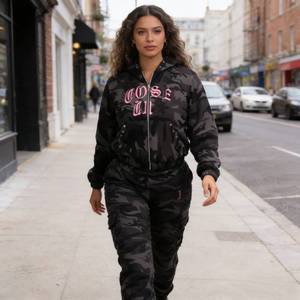 Sudadera con Capucha de Camuflaje para Mujer, Color Rosa, con Estampado de Letras, Manga Larga, Cierre Frontal, Transpirable, de Poliéster Tejido, Estilo Hip Hop, para Otoño - Product Image 3