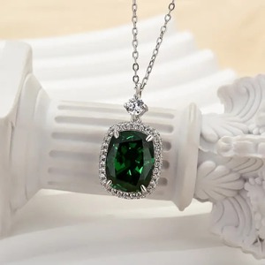 925 Moissanite Halo <b>Emerald</b> Green Cushion Cut <b>Pendant</b> Necklace in 18K White Gold Plated Moissanite Diamond Pendent Necklace - Product Image 1