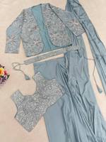 Ensemble de sari en crêpe de soie bleu clair brodé, prêt à porter, avec chemisier et veste pour mariage ou fête