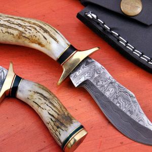 Couteau de chasse à lame fixe en acier Damas, pointe traînante, manche avec incrustation de corne et de laiton - Product Image 5