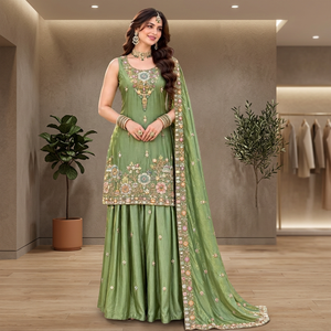 Hot Selling Women's Green Embroidered Viscose <b>Tissue</b> Palazzo Suit With Beads Work And Dupatta Trendy <b>Wedding</b> Ethnic Wear Set - Product Image 1