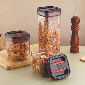Clear Airtight Food <b>Storage</b> <b>Container</b> Set of 3 Square <b>Kitchen</b> Organizers with Black Red Lids for Pantry Countertop Grains Pulses - Product Image 6