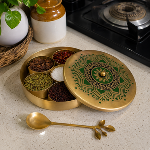 Brass Masala <b>Box</b> with 5 Compartments & Spoon Handmade Indian Spice Storage Container Kitchen Organizer for <b>Herbs</b>, Seasonings - Product Image 4