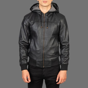 Blouson bomber en cuir noir pour homme, fermeture éclair, couleur unie, coupe ajustée, vêtement d'automne - Product Image 3