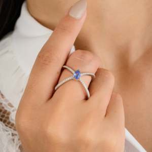 18K Pear Cut Criss Cross Sapphire Statement <b>Ring</b> for Women-Vermeil Plated White <b>Gold</b> - Product Image 1