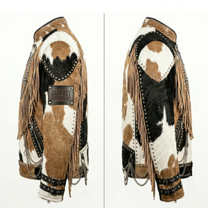 Chaqueta de cuero vacuno con flecos tricolor, estilo gótico, rockero, western, con pentagrama de cuentas, punk, oculto, heavy metal, proveedor personalizado - Product Image 3