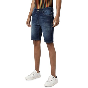 Shorts de Mezclilla para Hombre, Color Azul Medio, con Rayas Laterales, Desgastados, Corte Ajustado, Elásticos, de Algodón Resistente - Product Image 5