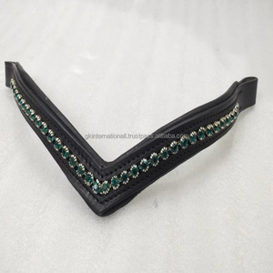 Banda de ceja de caballo de cuero acolchado con canal vacío en forma de V hecha a medida más vendida con cadena ostentosa de cristales redondos verde esmeralda - Product Image 6