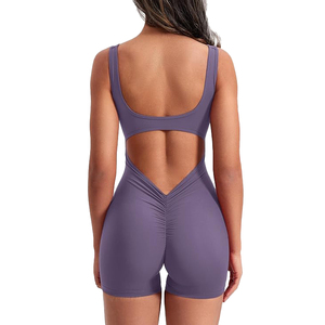 Dusty purple yoga <b>romper</b> scoop neck activewear <b>women</b> front zipper athletic jumpsuit slim fit shorts - Product Image 5
