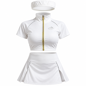 Ensemble de sport respirant 3 pièces uni pour femme : veste courte zippée, jupe-short de tennis taille haute et bandeau – Idéal pour le yoga et l'entraînement - Product Image 6