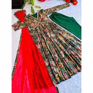 DESIGNER COTTON DIGITAL PRINT MIROIR TRAVAIL À LA MAIN ALIA CUT ROBE BAS AVEC DUPATTA VERT - Product Image 1