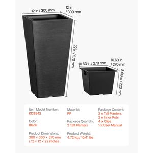 Set di 2 Grandi Fioriere Alte da Esterno da 22 Pollici, Nere, Quadrate Affusolate, per Portico Anteriore, in Materiale PP Durevole per Uso Interno ed Esterno - Product Image 4