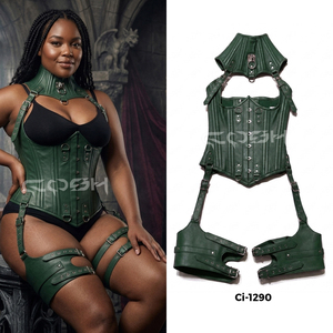Underbust Steelboned Fashion And Gothic Wear <b>Green</b> Leather <b>Corset</b> With Neck And Thigh Straps - Product Image 5