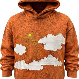 Hot Selling Vintage Wash Cloud Embroidery Sun Graphic Oversized Heavyweight Streetwear Hoodie Drop Shoulder <b>Pullover</b> <b>Men</b> Hoodie - Product Image 3