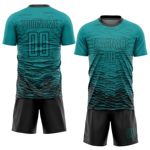 Ensemble de maillots de football sublimés pour hommes, bleu sarcelle et noir, à manches courtes, col rond, en polyester anti-humidité, toutes saisons, vente en gros - Product Image 1