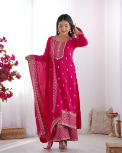 Kurta Kameez de seda Chinon pura bordada con pantalón Salwar y Dupatta de encaje elegante, traje de tres piezas completamente cosido para mujer - Product Image 4
