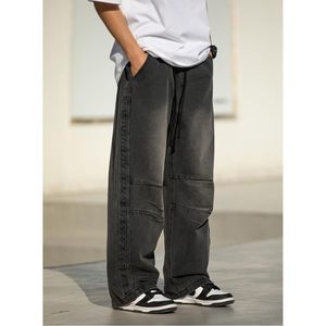 Pantalon en denim à jambe droite pour homme Y2K Hip Hop Style patineur Taille élastique Coupe ample Streetwear de vêtements pour homme - Product Image 5