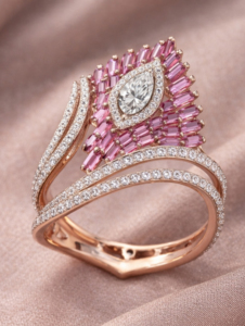 Anillo de cóctel de lujo para mujer en oro macizo de 18 quilates con diamante de corte marquesa y zafiros rosas, diseño floral con engaste pavé en oro rosa. - Product Image 2