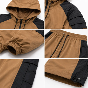 Vocksin <b>Women's</b> Camel Brown Cropped Hooded Windbreaker Tracksuit Waterproof Zipper <b>Jacket</b> Wide Leg Pants Set High Street Style - Product Image 4