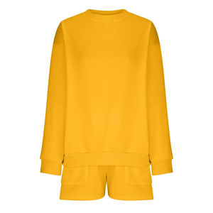 Ensemble sweat-shirt et short pour femme, jaune uni, col rond, coupe ample, manches longues, style décontracté, streetwear, vêtements de sport, OEM ODM, vente en gros - Product Image 2