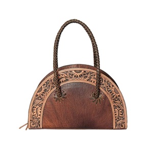 Western <b>Brown</b> Leather Hand Tooled Floral Tote Handbag Braided Handles Cowgirl Shoulder Purse Rustic Style - Product Image 1