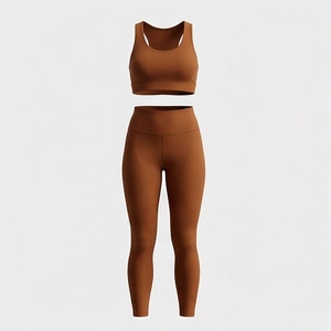 Ensemble de yoga 2 pièces pour femme : soutien-gorge de sport marron uni à dos nageur et col rond, et legging taille haute longueur intégrale - Product Image 1