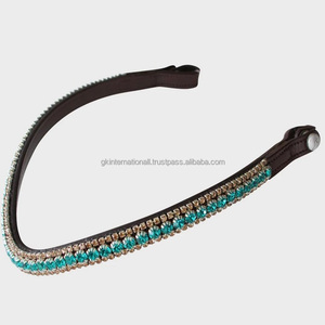 Cristales de lujo verdes y dorados decorativos hechos a mano con forma de onda banda de frente de caballo de cuero genuino en Fabricante Mayorista India - Product Image 2