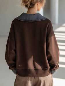 ONETEN APPARELS <b>Women's</b> Brown Lace Up Sweatshirt Denim Turn Down Collar Drop Shoulder Casual Pullover - Product Image 3