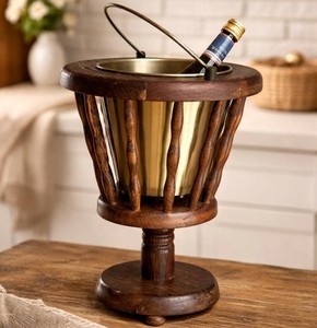 Refroidisseur à vin vintage en bois avec seau intérieur en laiton, seau à glace rond fait main pour fêtes et événements - Product Image 3
