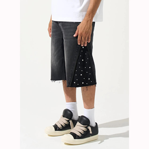 Mens Black Rhinestone Denim <b>Shorts</b> Baggy Jorts Stretch Cotton Distressed Raw Hem Streetwear Zipper Detail <b>Shorts</b> - Product Image 4