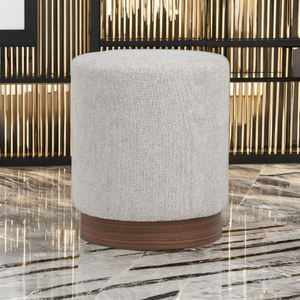 Modern Ottoman <b>Stool</b> with Walnut-Finished Bentwood Leg and Fabric Upholstery for Hotel Lobby - Product Image 1