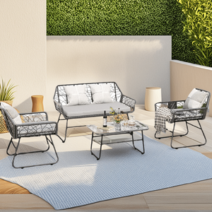 4 pezzi Set di mobili da giardino in vimini in vetro temperato fodera per cuscino grigio staccabile facile da pulire per il balcone del cortile ecc - Product Image 1