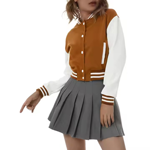 Brown White Embroidered Woolen Women's Streetwear <b>Varsity</b> <b>Jacket</b> Regular Sleeve Button Closure Autumn Winter Casual Outerwear - Product Image 1