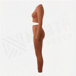 Ensemble de yoga 2 pièces pour femme : haut court à manches longues et leggings taille haute longueur cheville, couleur unie, sans couture, tenue de sport - Product Image 3